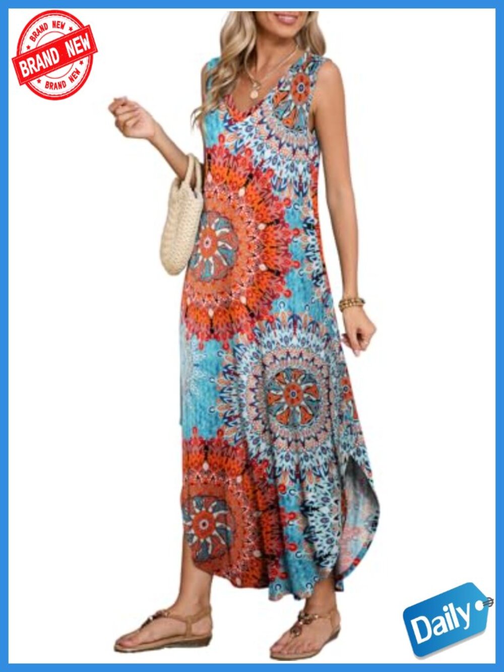 Plus Size Maxi Dress V-Neck Sleeveless with Pockets Beach Coverup Casual